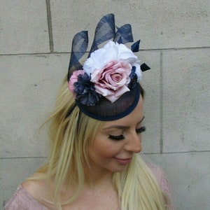 Navy Blue Blush Pink Dusky Pink White Feather Flower Hat Fascinator ...