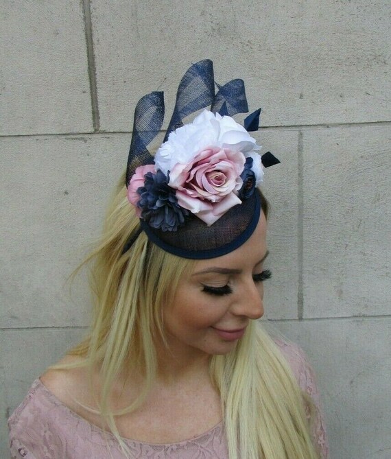 Navy Blue Blush Pink Dusky Pink White Feather Flower Hat  display picture 1