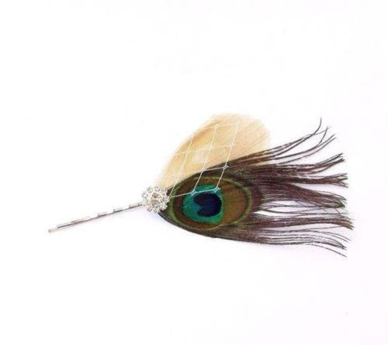 Ivory Silver Cream Peacock Feather Hair Grip Bobby Pin Fascinator Bridal 4077