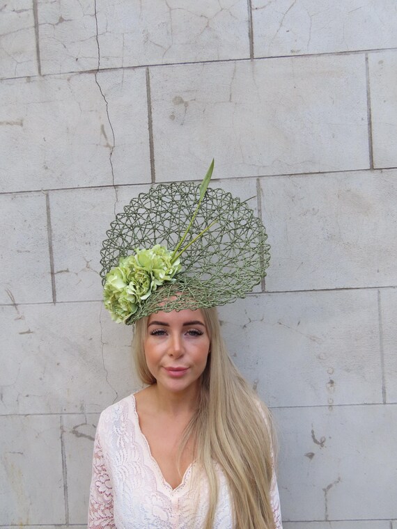 Giant faux pampas daisy woven center detail and green leaf accents fascinator Giant faux pampas daisy woven center detail and green leaf  main image 3