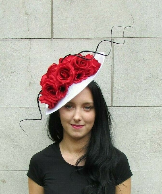 Fascinator Hat Red Rose & Black Knot Detail Vintage 50s PENINSULA LOVE Halloween Floral Headpiece Gothic Rose  main image 2