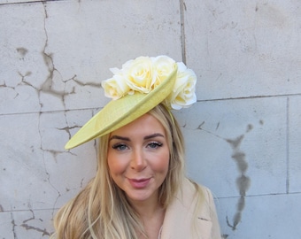 Large Lemon Yellow Rose Flower Sinamay Disc Hat Fascinator Wedding Races u11711