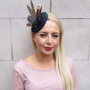 Navy Blue Green Tartan Pheasant Feather Pillbox Hat Fascinator Hair Clip 4126 image 3