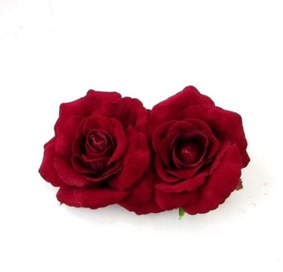Double Burgundy Wine Deep Red Rose Flower Hair Clip Fascinator Wedding 40s 5757