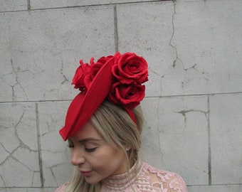 Dramatische bloemen Hatinator grote rode roos bloem Teardrop Fascinator Hat Races u12603