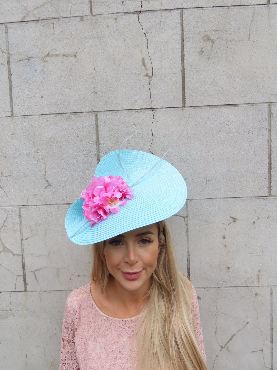 One off Piece Large Duck Egg Blue & Pink Flower Straw Style Hat ...