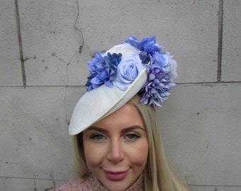 Large Cream & Cornflower Light Blue Rose Flower Fascinator Disc Hat Hatinator Races Headpiece Floral Wedding or-98