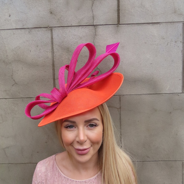 Large Vibrant Orange Magenta Pink Fascinator Hat Big Teardrop Wedding Races Headband Headpiece Hatinator Hot Pink Fuchsia u11002