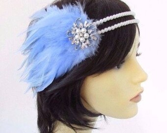 Royal Blue Black Gold Chain Ostrich Feather 1920s Headband Flapper Wedding 7578 Hairband Hair Band