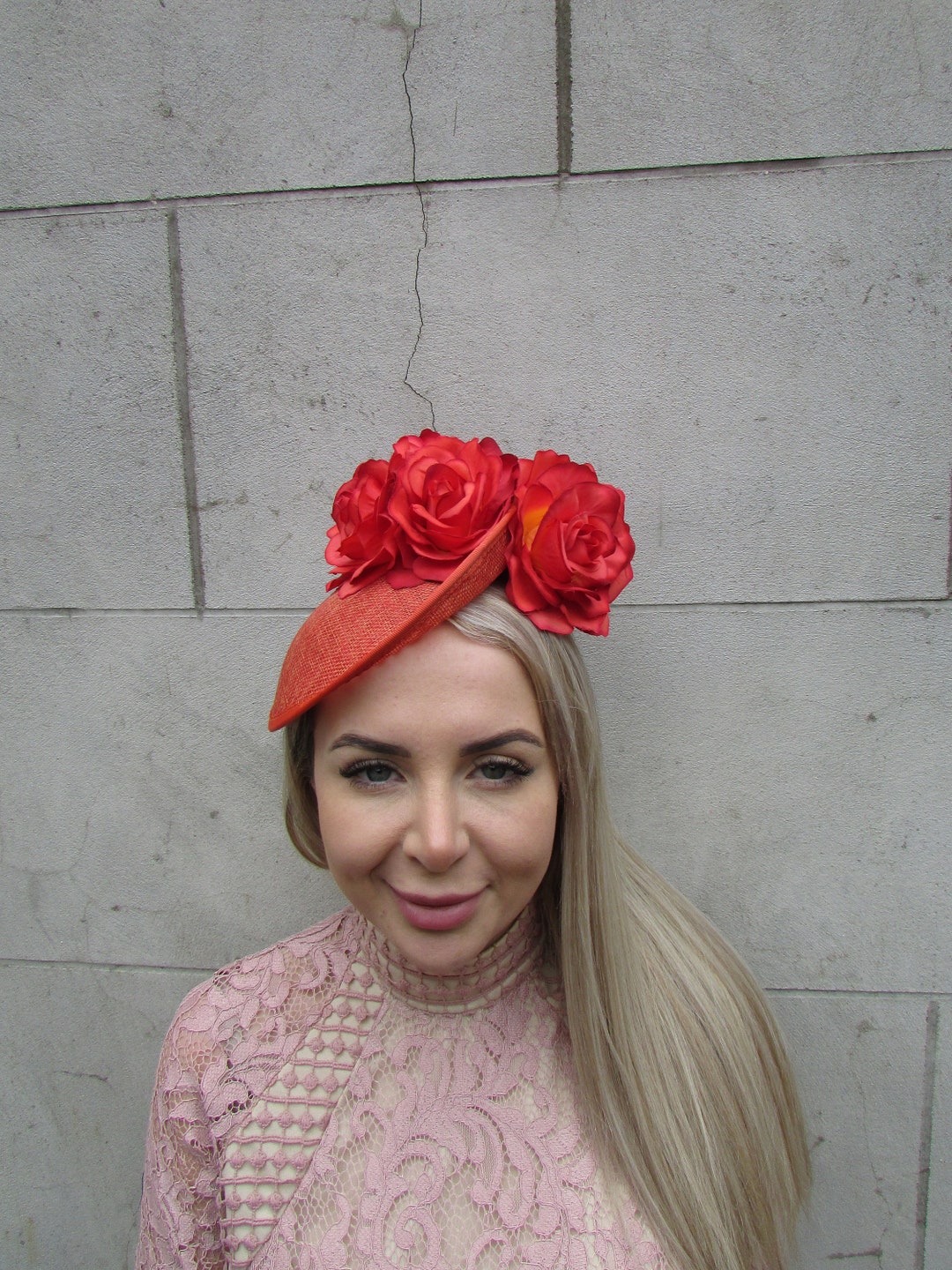 Burnt Orange Fascinator Hat Sinamay Disc Saucer Headpiece Rose Flower