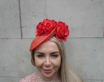 Burnt Orange Fascinator Hat Sinamay Disc Saucer Headpiece Rose Flower Headband Ladies Day Wedding Guest Tilted Races Floral or-35