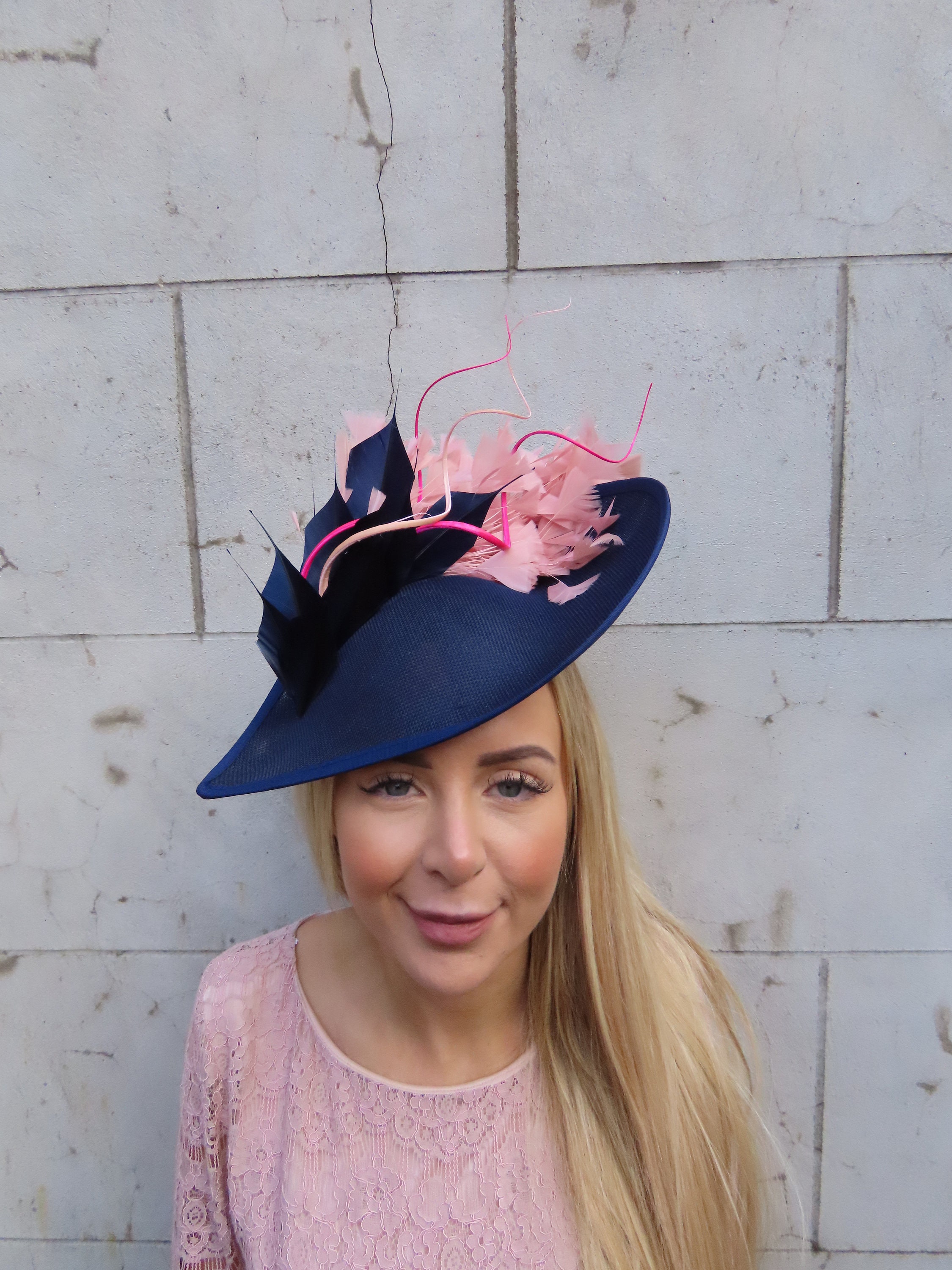 Large Navy Blue Dusky Pink Hot Pink Feather Fascinator Hat Big Teardrop ...