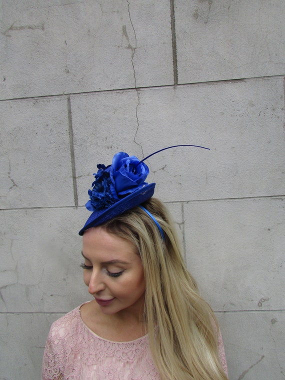 Royal Blue Feather Rose Flower Sinamay Disc Saucer Hat  display picture 2