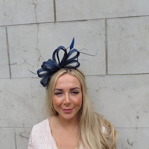 Navy Blue Feather Sinamay Headband Headpiece Races Wedding Guest Hairband Ladies Day Modern One off Piece - u12406
