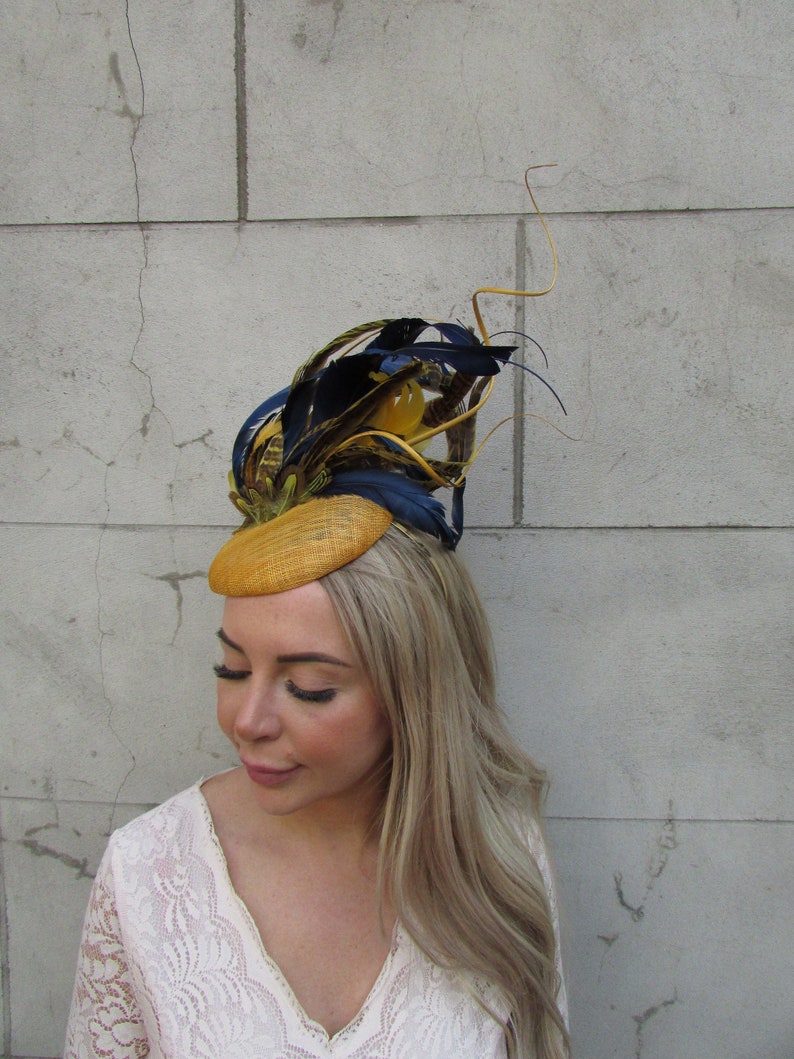 One off Piece Mustard Yellow Navy Blue Statement Fascinator Pillbox Hat