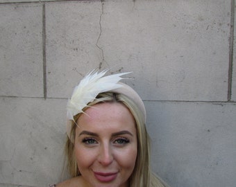 Cream & Light Beige Champagne Feather Velvet Padded Headband Fascinator Headpiece Wedding Guest Races Hairband Halo Hair Band u1p uu