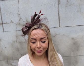 Dark Brown Birdcage Veil Feather Fascinator Headband Wedding Races Sinamay