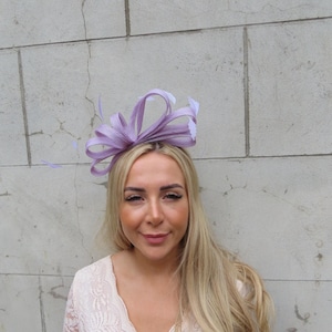 Lilac Feather Fascinator Headband Headpiece Races Wedding Guest Sinamay Ladies Day Modern Lavender One off Piece - u12406