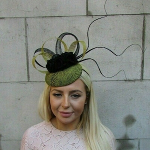 Black Olive Green Snakeskin Rose Flower Feather Pillbox Hat Hair Fascinator sh-523