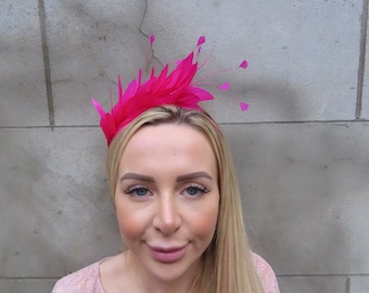 Hot Pink Feather Fascinator Races Wedding Guest Headpiece Hairband Alice Band Headband Ladies Day Outfit Thin Headband Cerise u11002