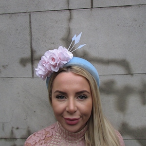 Light Blue Blush Light Peachy Pink Rose Flower Velvet Padded Headband Fascinator Headpiece Wedding Races Hairband Halo u11911