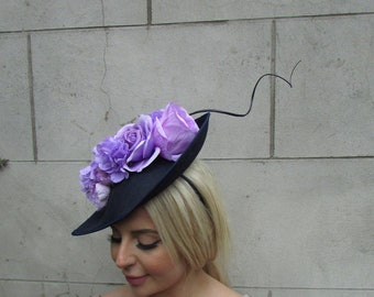 Large Navy Blue Lavender Rose Flower Teardrop Fascinator Hat