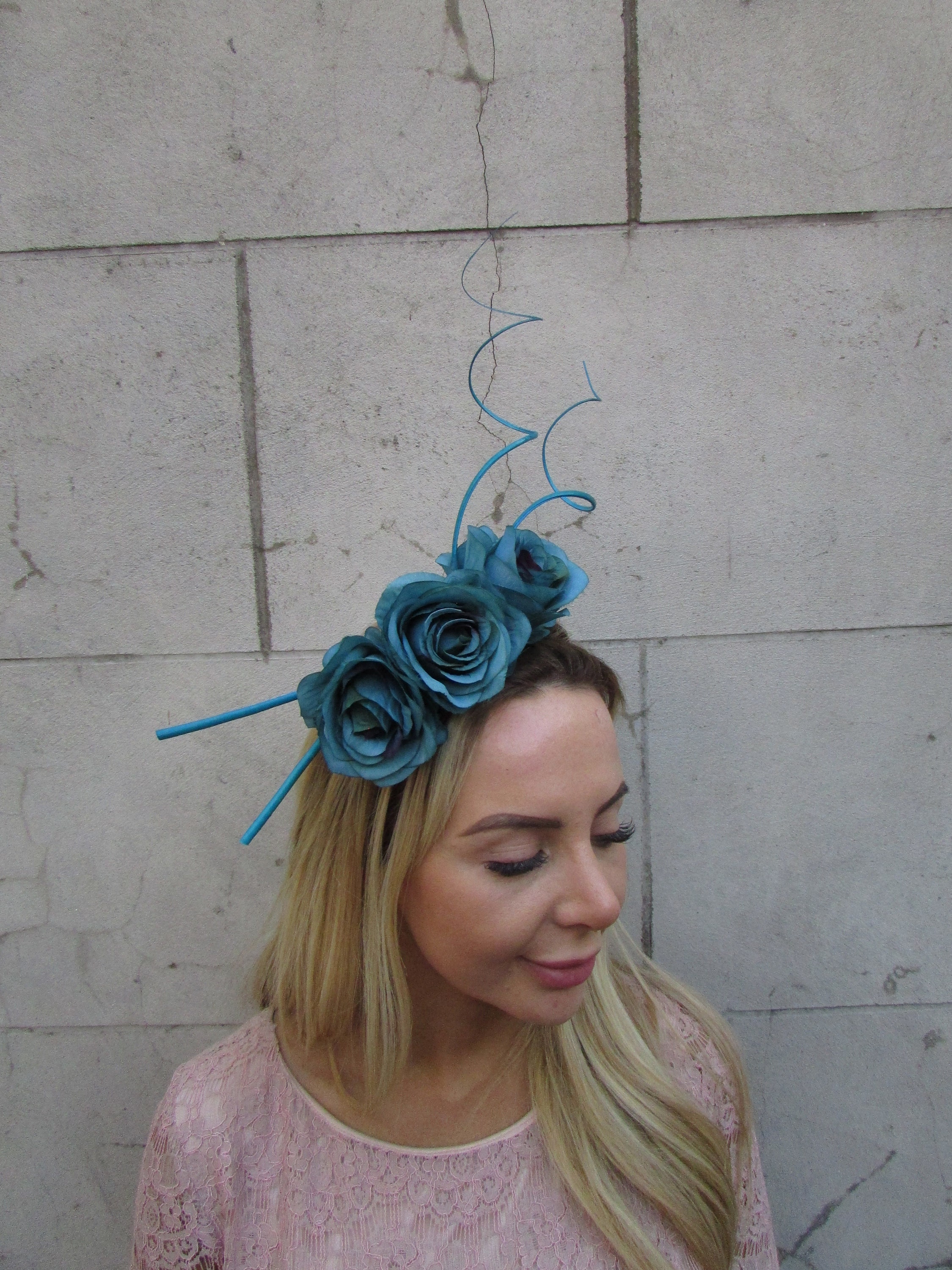 Fuchsia & Turquoise Feather Flower Headband Fascinator kentucky derby hat fascinator hot pink and cobalt blue  main image 3