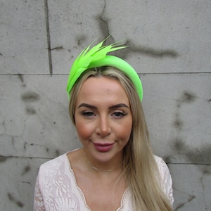 Lime Green Feather Fascinator Velvet Padded Headband Headpiece Halo Padded Hair Crown Races Wedding Guest Bright Neon Green Headpiece u1p