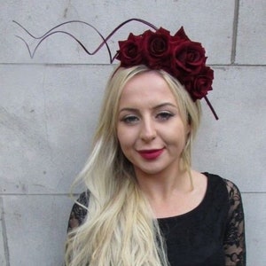 Burgundy Wine Red Maroon Rose Flower Feather Fascinator Headband Headpiece sh-329