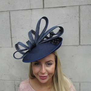 Large Navy Blue Disc Feather Fascinator Hat Races Hatinator Wedding Guest Hairband Headband Headpiece Statement Hairband u11909