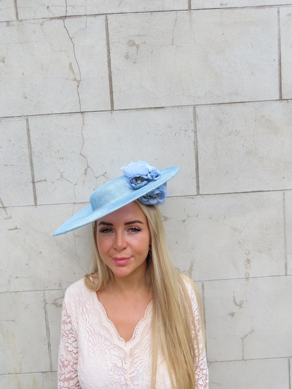 Light Blue Embellished Floral Cocktail Hat Large Cream Light Blue Rose Flower Fascinator Hat Big  main image 3