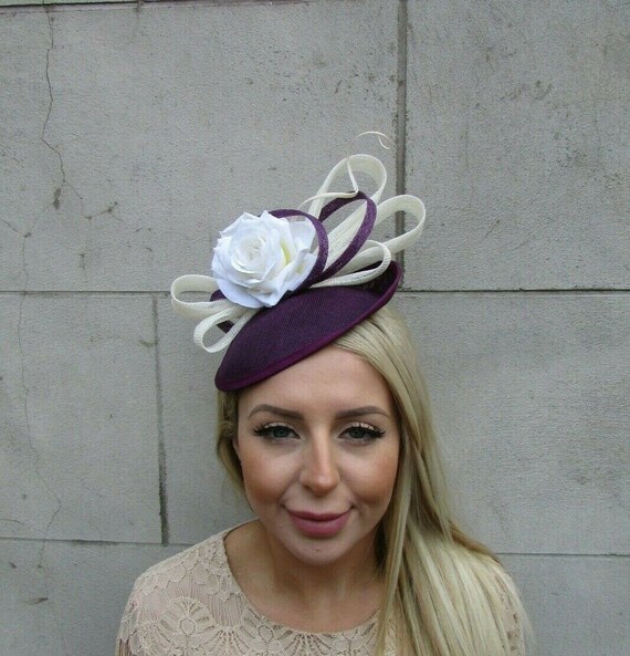 Starcrossedbeauty One Off Piece - Plum Purple Ivory Cream Rose Flower Fascinator Feather Hat Disc Grape u1b230