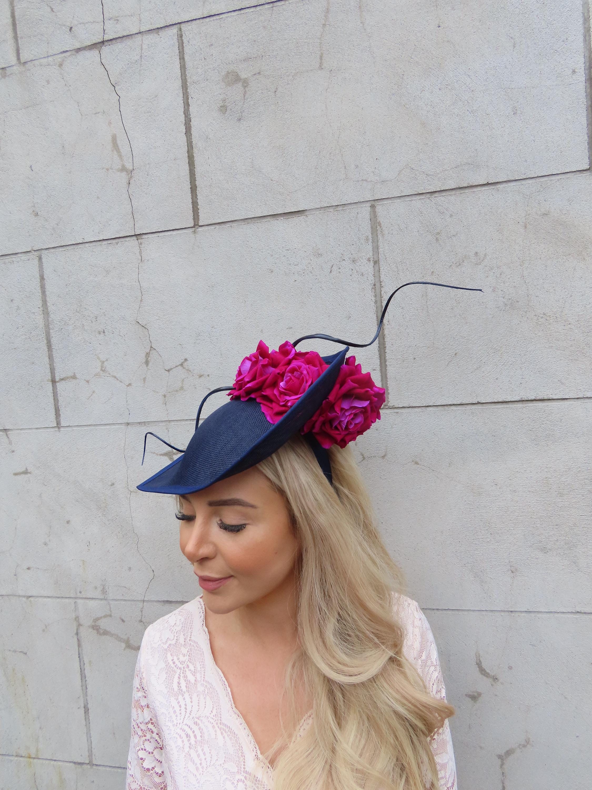 Large Navy Blue & Pink Rose Flower Feather Fascinator Hat Big Teardrop ...