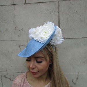 One Off Piece - Large Light Blue Ivory Cream Rose Flower Teardrop Fascinator Hat Races Headband Guest Ladies Day Headpiece Hatinator u10107