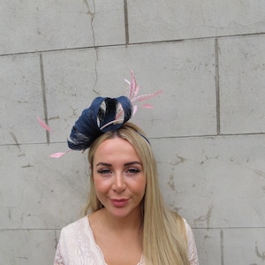 Navy Blue & Blush Dusky Pink Feather Sinamay Fascinator Wedding Guest Headband Headpiece Races One off Piece - u12207