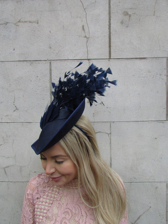 Large Navy Blue Feather Fascinator Hat Big Teardrop Wedding  display picture 3