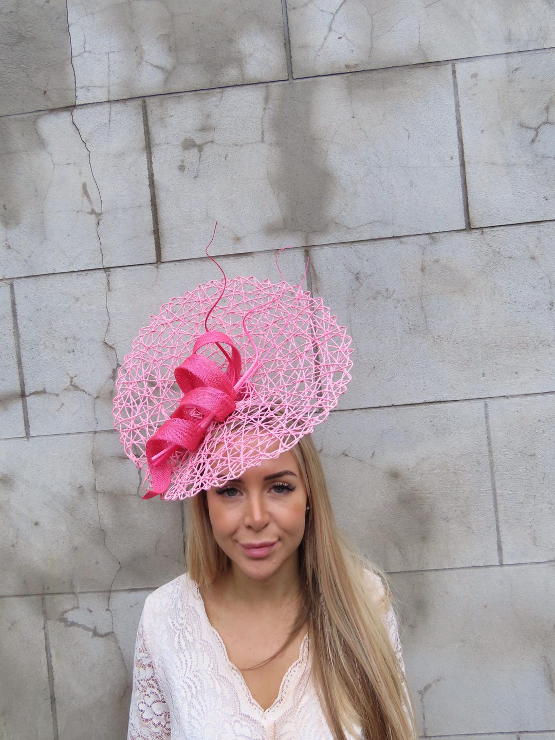 Large Baby & Hot Pink Straw Hat Fascinator Wedding Races Headband One ...