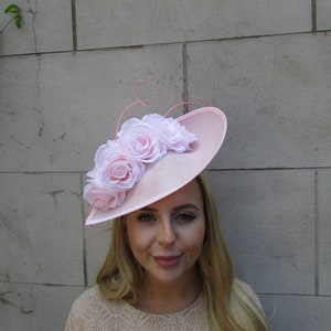 Large Light Blush Feather Flower Teardrop Fascinator Hat Races Wedding Headband Floral Hatinator Ascot Hatinator Headpiece Pale Pink or-14