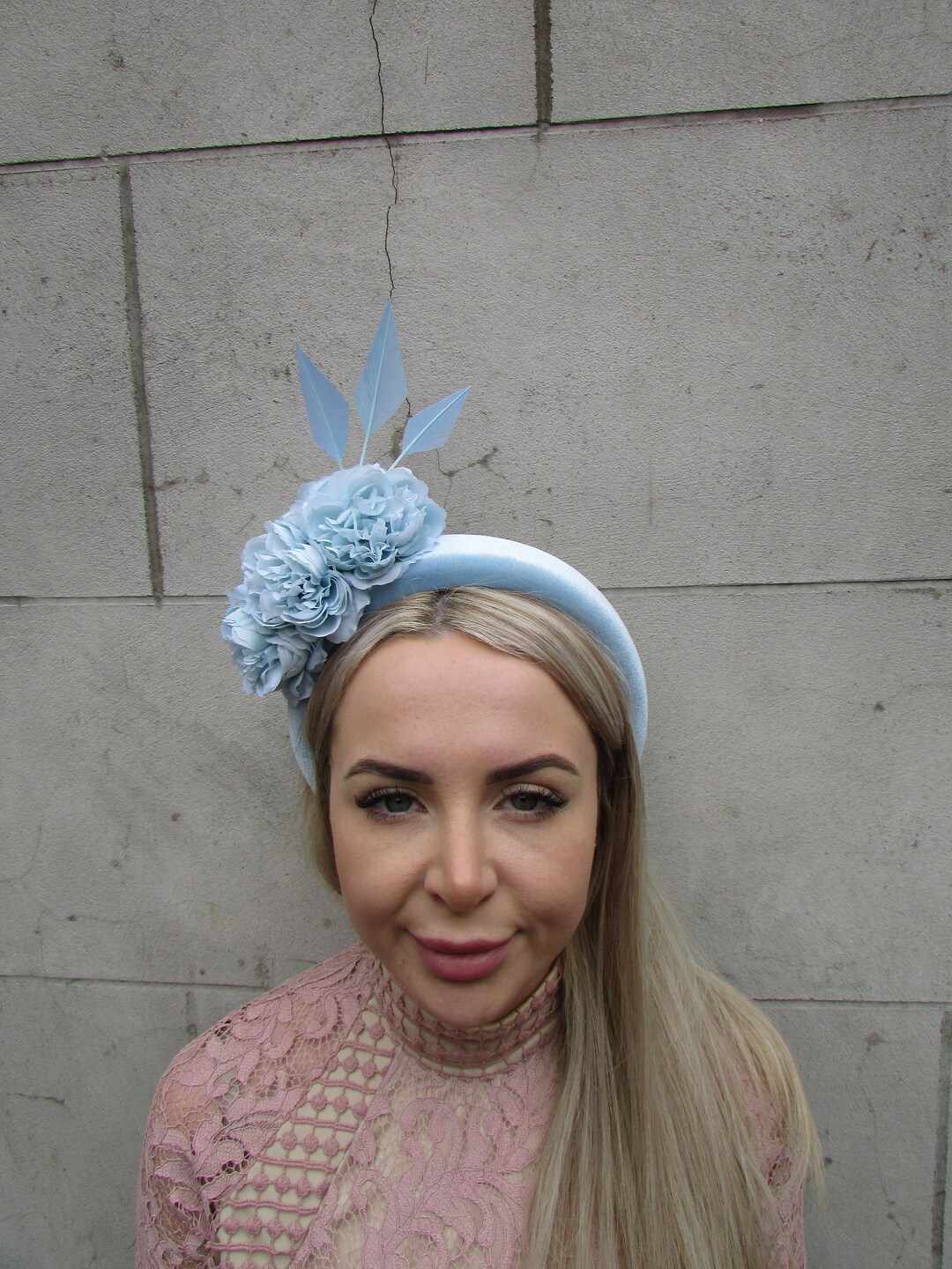 Duck Egg Light Blue Fascinator Flower Feather Velvet Padded Etsy UK