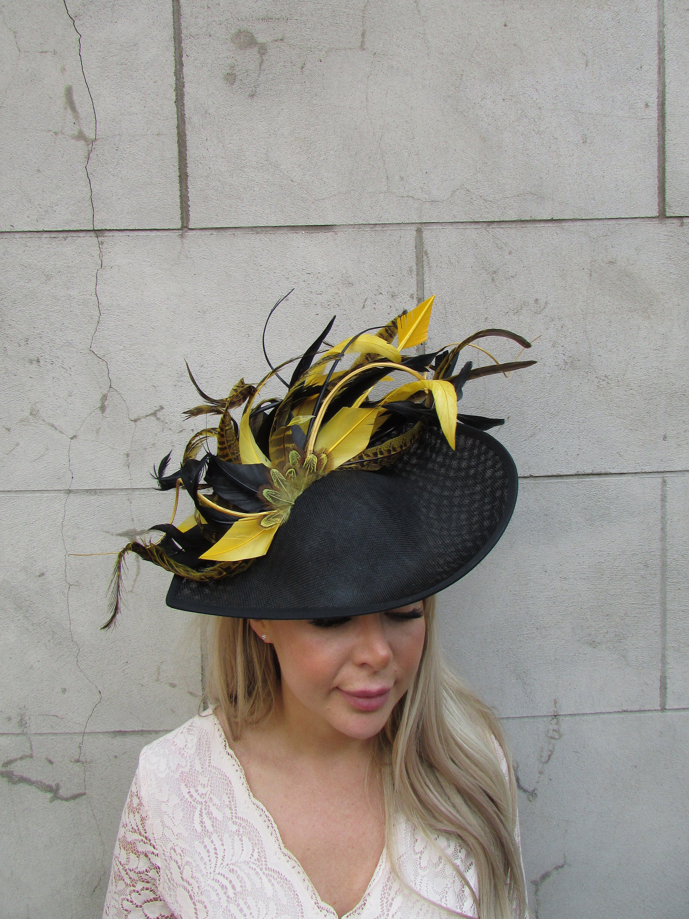 One off Piece Large Black & Mustard Yellow Feather 