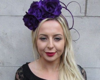 Cadbury Purple Rose Flower Feather Fascinator Headband Races Hair Wedding sh-168
