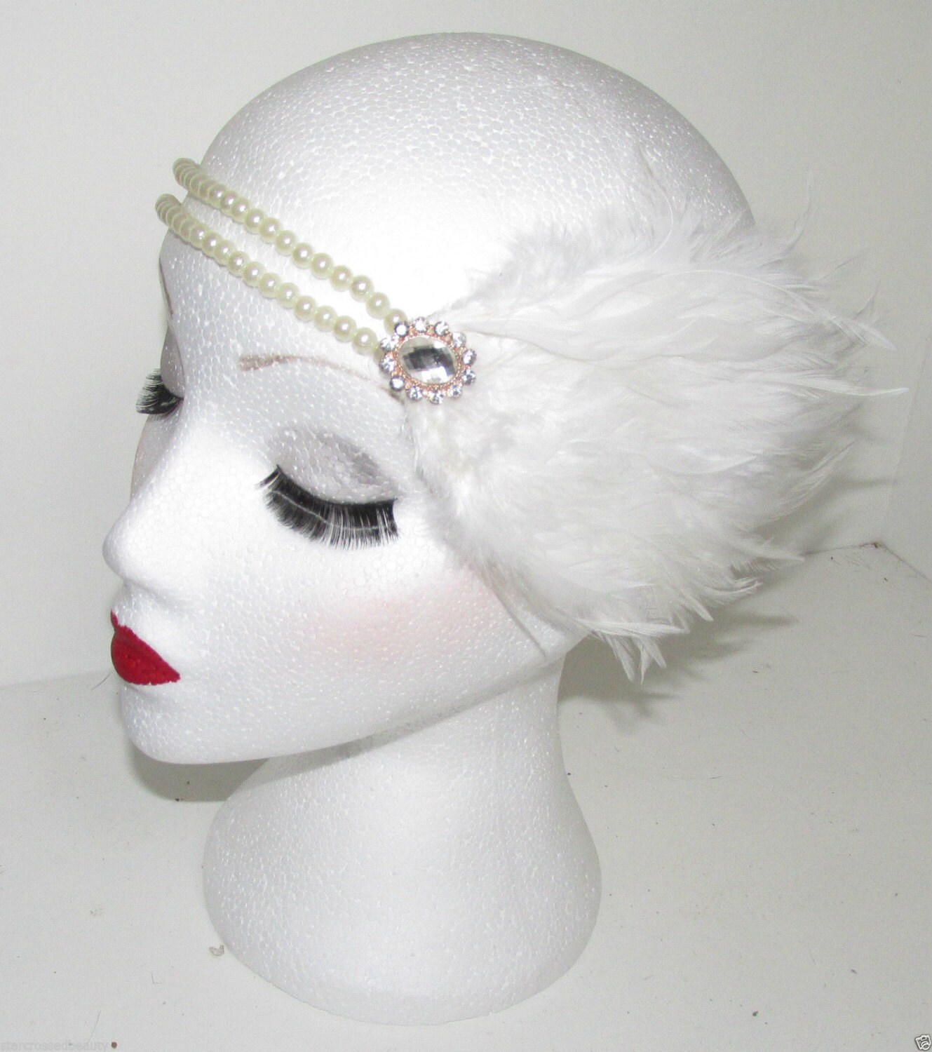 White Feather & Pearl Diamante Flapper Headpiece Headband Great Gatsby 1920s h61 