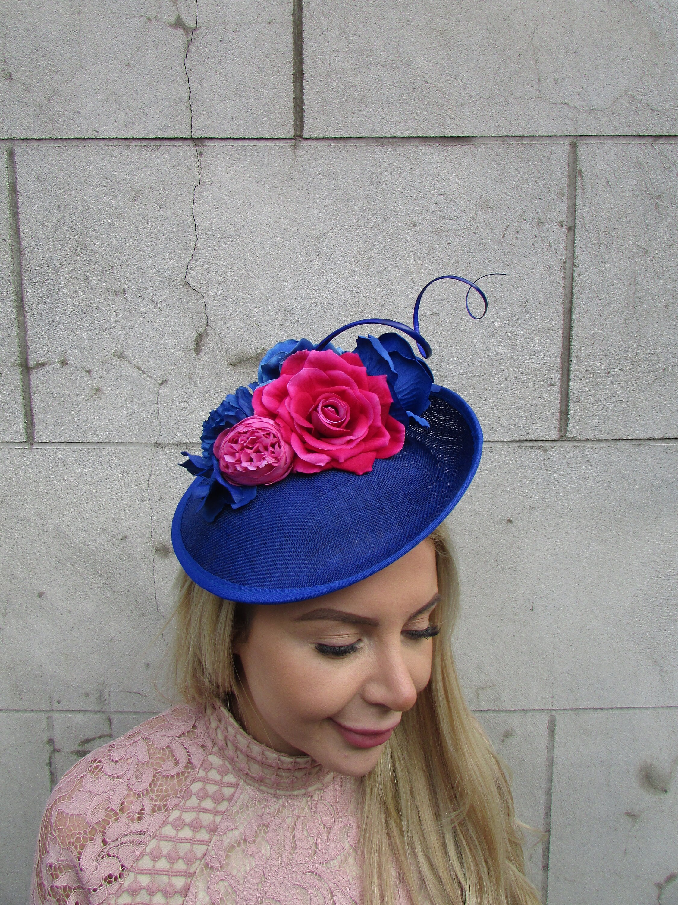 Royal Blue Hot Pink Cerise Feather Flower Disc Saucer Hat Fascinator ...