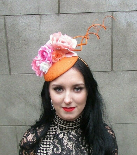 Orange Peach Cream Pink Feather Flower Hat Hair Fascinator 