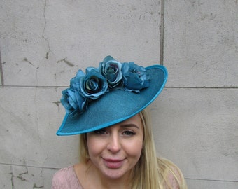 Large Teal Blue Rose Floral Teardrop Flower Fascinator Hat Hair Big Wedding Races Headpiece Hatinator Dark Turquoise SH-52