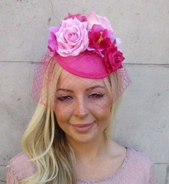 Starcrossedbeauty Hot Light Pink Sinamay Birdcage Veil Flower Fascinator Hat Races Wedding 5933