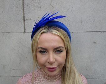 Royal Blue Feather Fascinator Headband Padded Headpiece Races Wedding Halo Crown Spiky Feather Ladies Day Modern Unique Cobalt Blue u1p