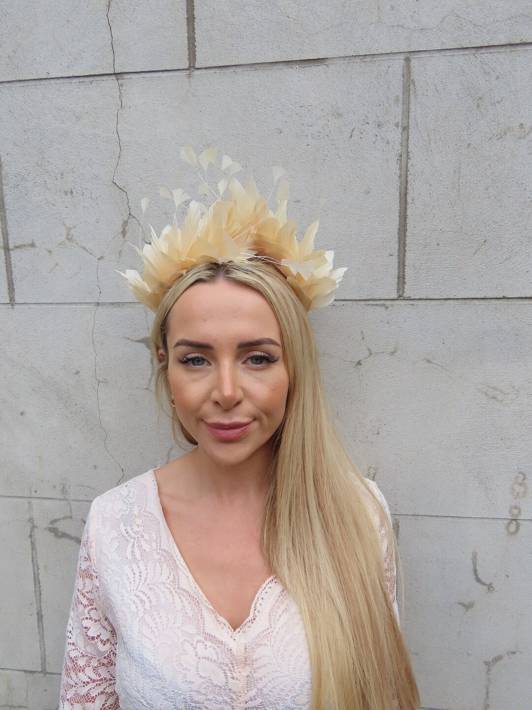 Champagne Feather Crown Fascinator Races Wedding Guest  display picture 1