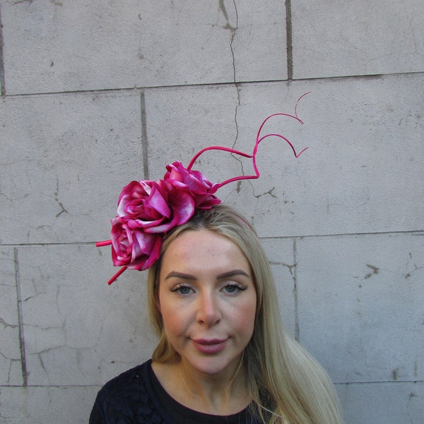 Ombre Magenta Dark Fuchsia Cerise Pink Rose Flower Quill Feather Fascinator Headband Races Wedding Floral Raspberry Pink Headpiece u12511