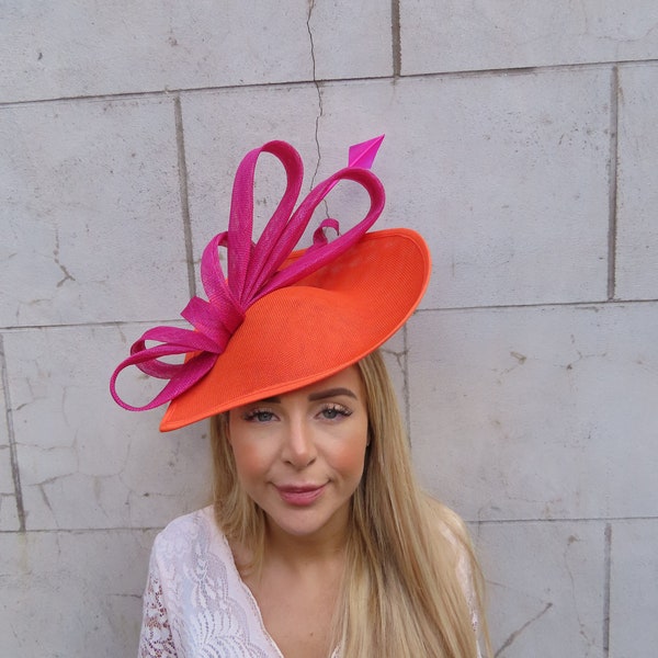 Large Vibrant Orange Magenta Pink Fascinator Hat Big Teardrop Wedding Races Headband Headpiece Hatinator Hot Pink Fuchsia u12403